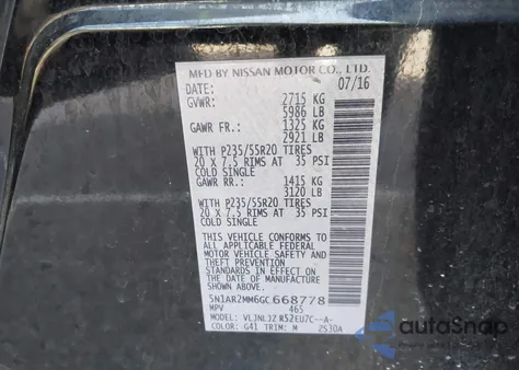 2016 Nissan Pathfinder Platinum z USA, uszkodzony, nr VIN 5N1AR2MM6GC668778